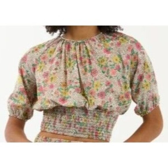 Sundays Womens S Ada Puff Sleeve Elastic Waist Crop Top Blouse in Wallflower NWT - Picture 1 of 9